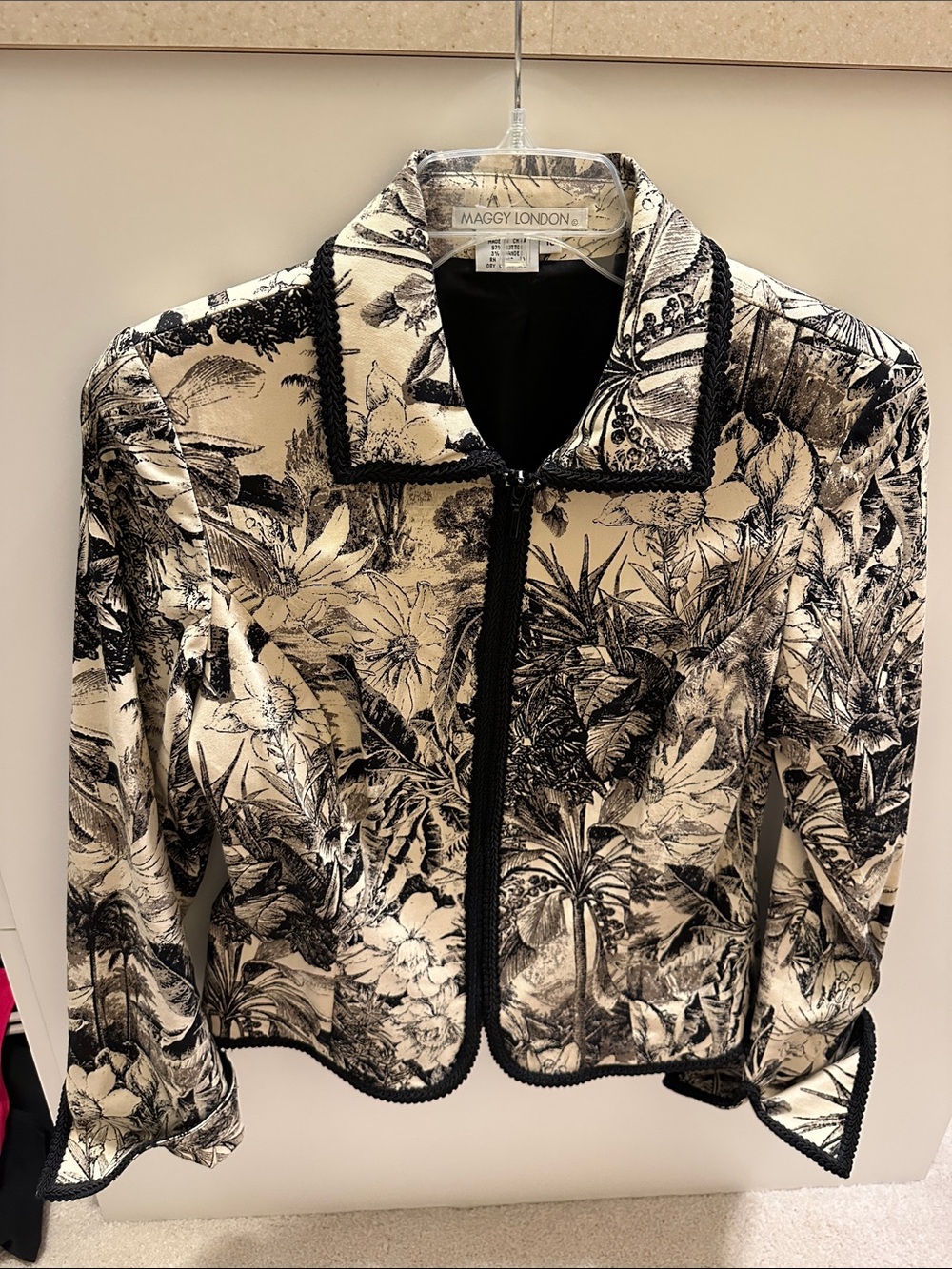 Maggy London Black and Cream Botanical Zip Jacket